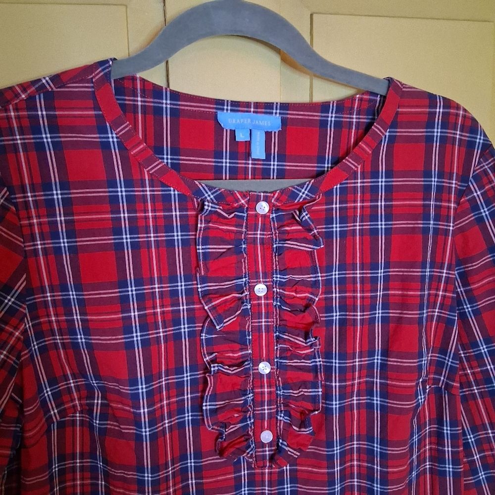 Draper James Red and Black Plaid Stretch Cotton Blouse With Ruffled Placket Sz L - Picture 2 of 14